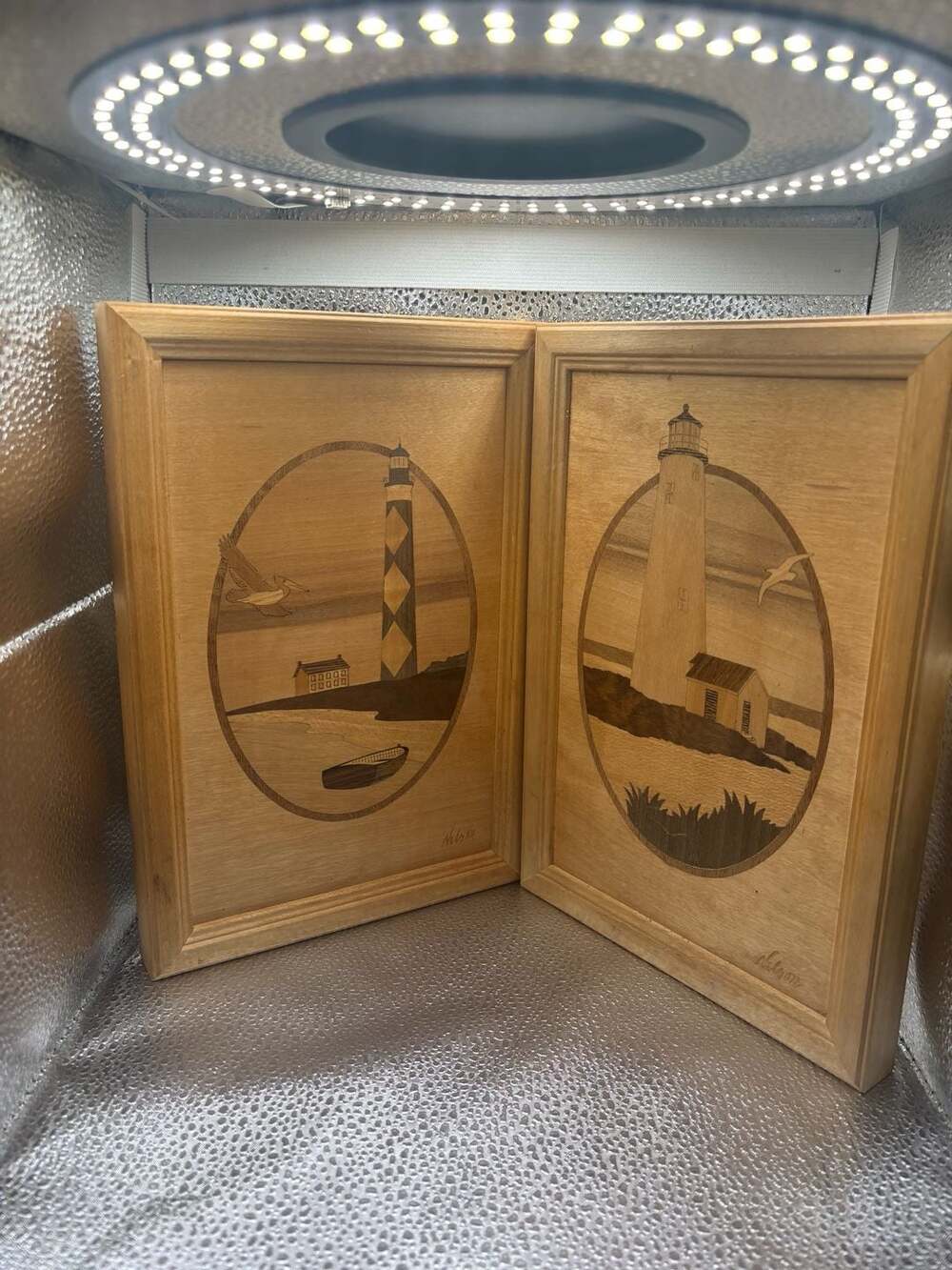 Hudson River Inlay Wood Marquetry Lighthouse Art Framed by Jeff Nelson